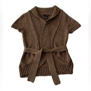 Willi Smith cotton ramie wrap Twee sweater, short sleeves, tie belt, brown